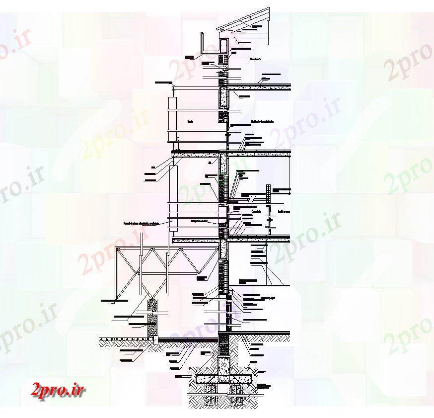 دانلود نقشه جزئیات ساختار دیوار سازه نما مقطعی  دو بعدی   چیدمان (کد82123)