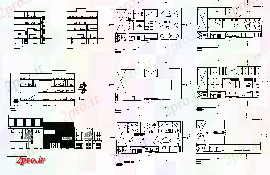 دانلود نقشه ساختمان اداری - تجاری - صنعتی نما ساختمان کتابخانه، برنامه ریزی و بخش دو بعدی چیدمان 17 در 36 متر (کد82133)