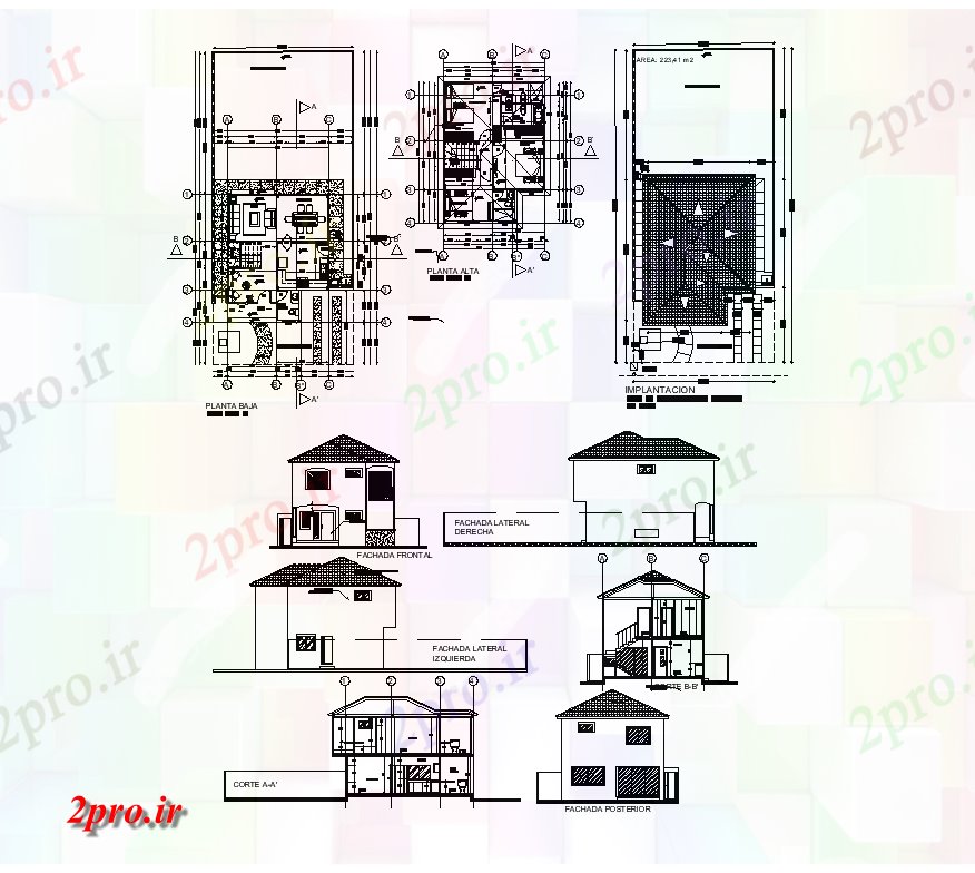 دانلود نقشه مسکونی ، ویلایی ، آپارتمان دو طبقه نما جزئیات ساختار مسکن و طرحی های 7 در 9 متر (کد82140)