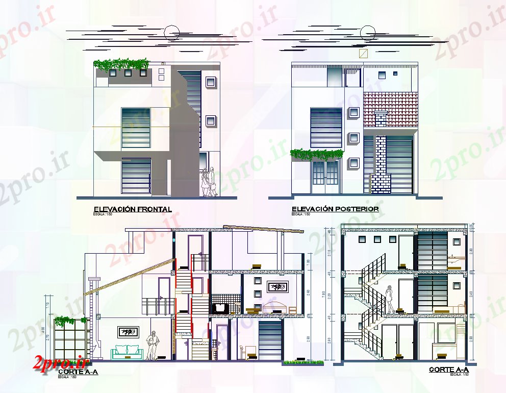 دانلود نقشه مسکونی ، ویلایی ، آپارتمان نما جزئیات ساختار مسکن مسکونی و بخش طرحی 7 در 12 متر (کد82149)