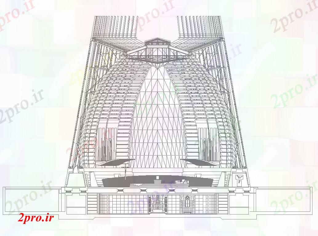 دانلود نقشه ساختمان اداری - تجاری - صنعتی شکل قوس ساختمان تجاری نما جزئیات  دو بعدی   چیدمان (کد82184)