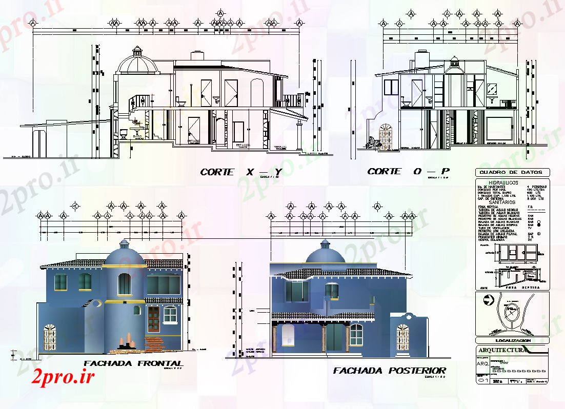 دانلود نقشه خانه های کوچک ، نگهبانی ، سازمانی - نما ساختمان ویلایی معماری و بخش طرحی 9 در 14 متر (کد82204)