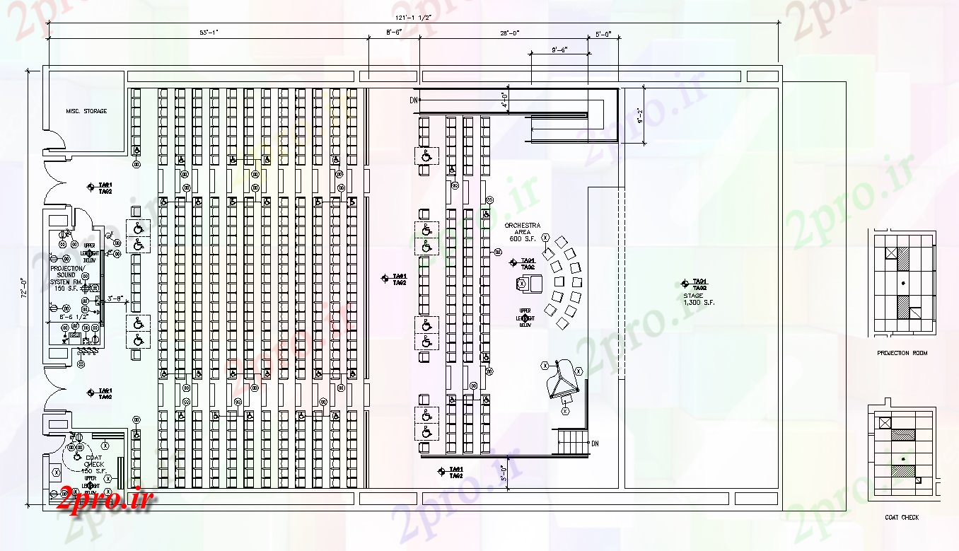 دانلود نقشه تئاتر چند منظوره - سینما - سالن کنفرانس - سالن همایشچندگانه ساختمان تئاتر طرحی جزئیات دو بعدی چیدمان 7 در 12 متر (کد82253)