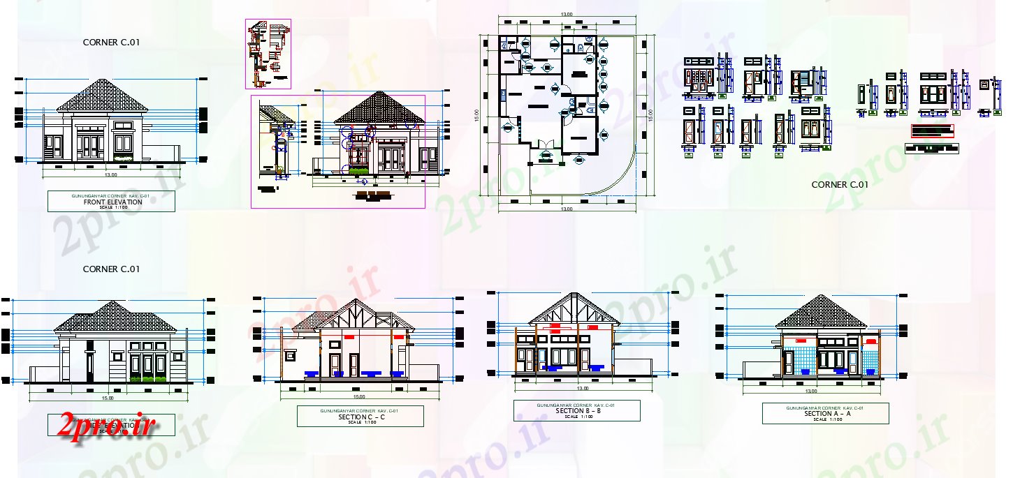 دانلود نقشه مسکونی ، ویلایی ، آپارتمان نما جزئیات ساختار مسکن، بخش و طرحی چیدمان 9 در 12 متر (کد82285)