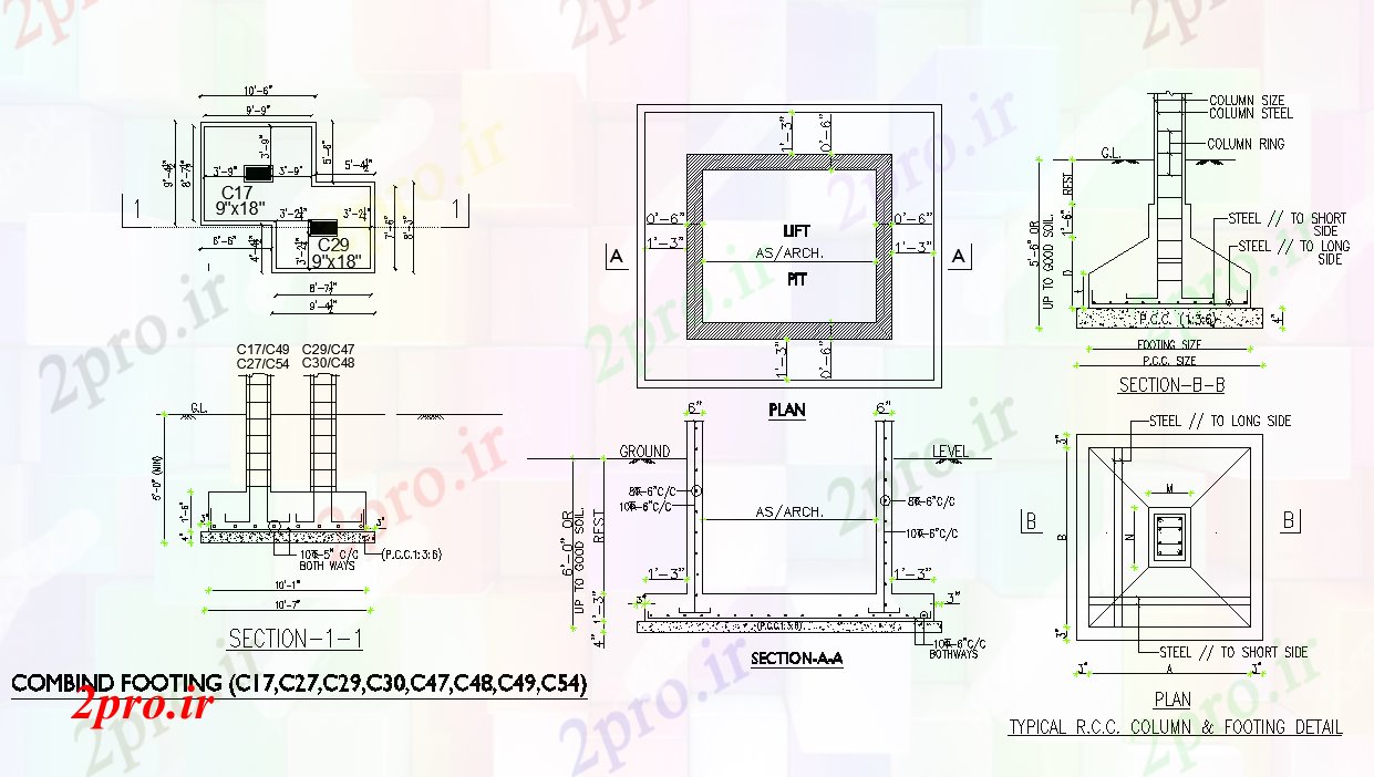 دانلود نقشه جزئیات پایه جای پای ترکیبی بخش جزئیات  دو بعدی   چیدمان (کد82291)