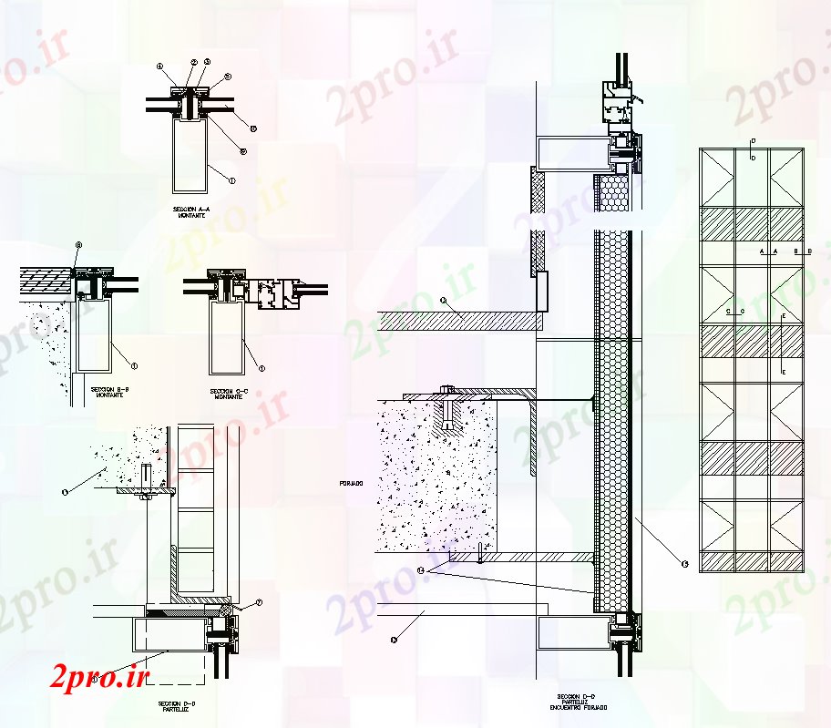 دانلود نقشه جزئیات ساختار دیوار حفره نما جزئیات مقطعی  دو بعدی   چیدمان (کد82319)