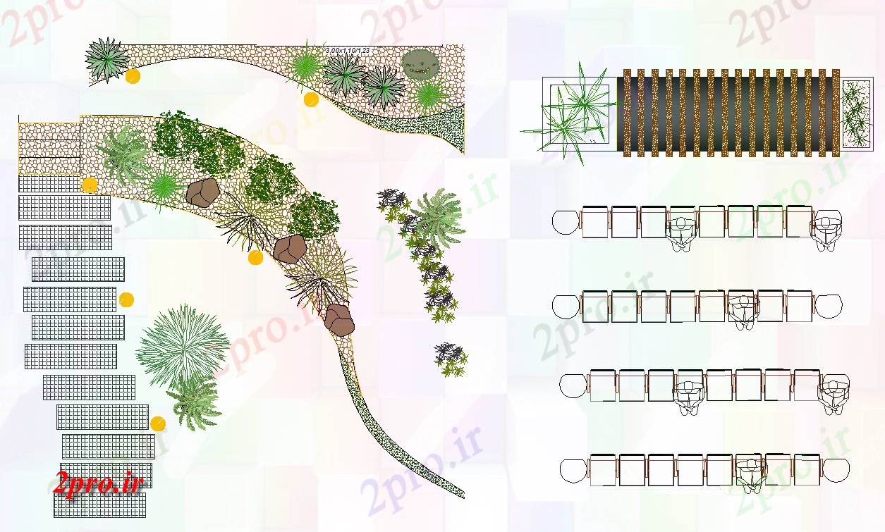 دانلود نقشه باغ طرحی محوطه سازی جزئیات باغ  مسکونی  دو بعدی   چیدمان (کد82339)