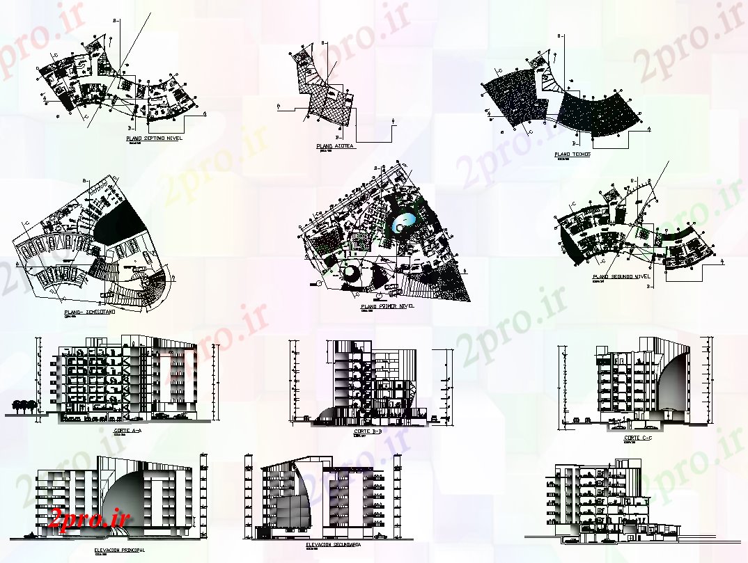 دانلود نقشه ساختمان مرتفعبلند ساختمان تجاری نما، طرحی و بخش دو بعدی چیدمان 12 در 55 متر (کد82463)