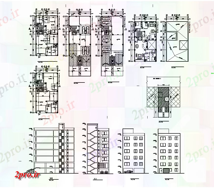 دانلود نقشه مسکونی  ، ویلایی ، آپارتمان  آپارتمان مسکن جزئیات ساختار ساختمان طرح، نما و بخش  دو بعدی  طرح (کد82471)