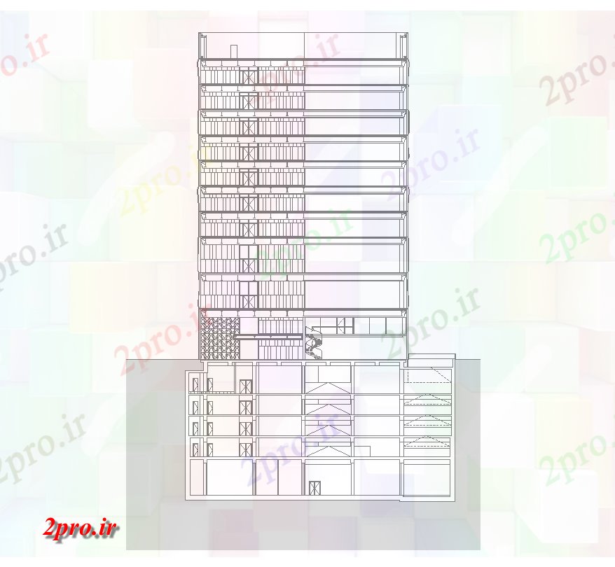 دانلود نقشه ساختمان مرتفعچند طبقه ساختمان ساختار نما جزئیات  دو بعدی   چیدمان اتوکد (کد82493)