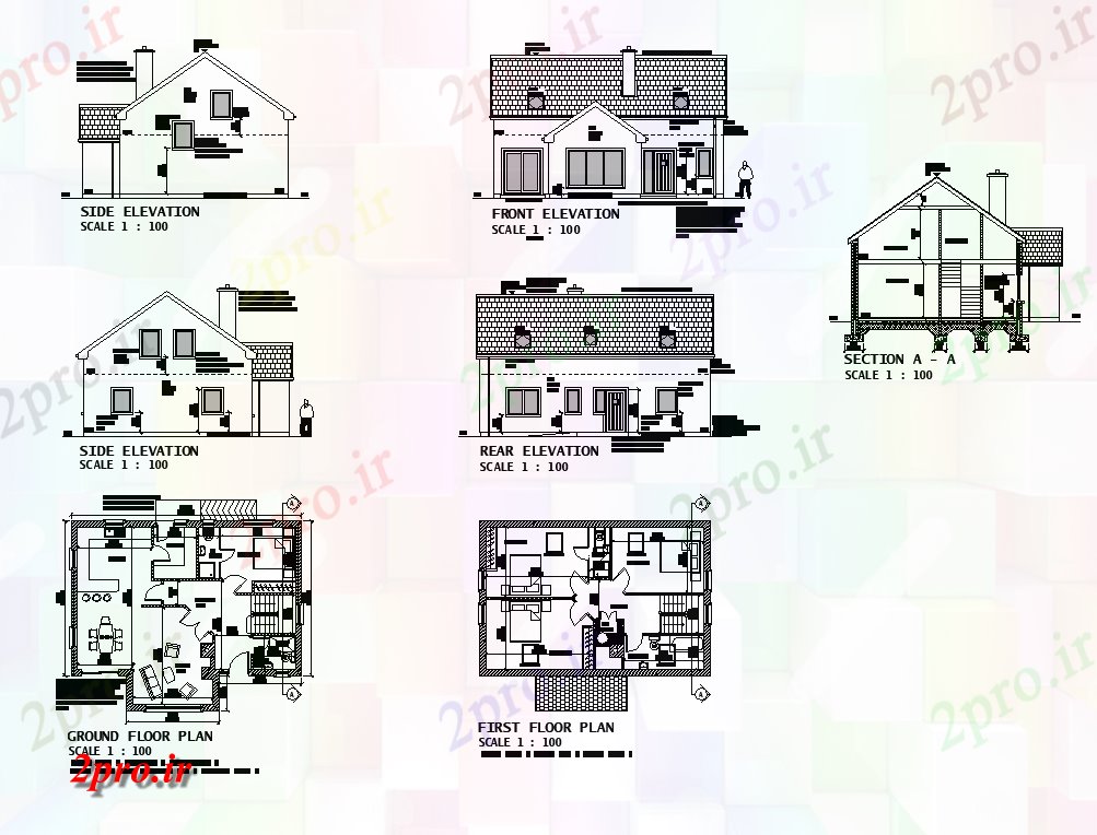 دانلود نقشه مسکونی ، ویلایی ، آپارتمان بخش، برنامه ریزی و نما از ساختار ساختمان مسکن دو بعدی اتوکد 9 در 11 متر (کد82500)