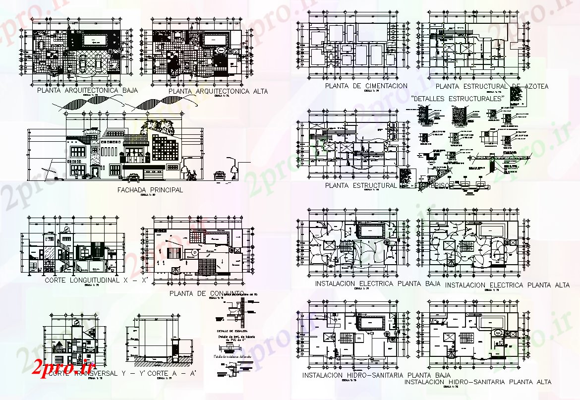 دانلود نقشه خانه های کوچک ، نگهبانی ، سازمانی - ویلایی طرحی ساختمان جزئیات ساختار، نما و بخش دو بعدی 10 در 20 متر (کد82505)