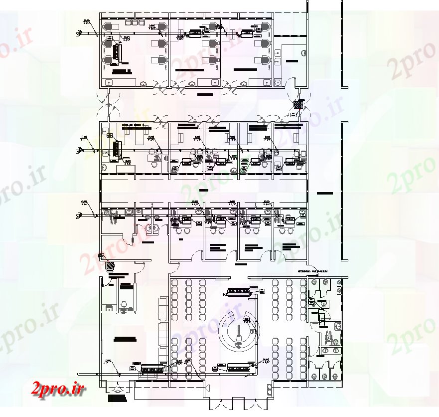 دانلود نقشه بیمارستان - درمانگاه - کلینیک طرحی جزئیات ساختمان بیمارستان چیدمان دو بعدی 30 در 42 متر (کد82512)