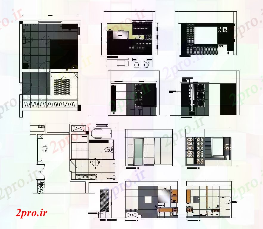 دانلود نقشه تجهیزات بهداشتی نما جزئیات، بخش و طرحی جزئیات از توالت بهداشتی طرحی  دو بعدی   (کد82596)