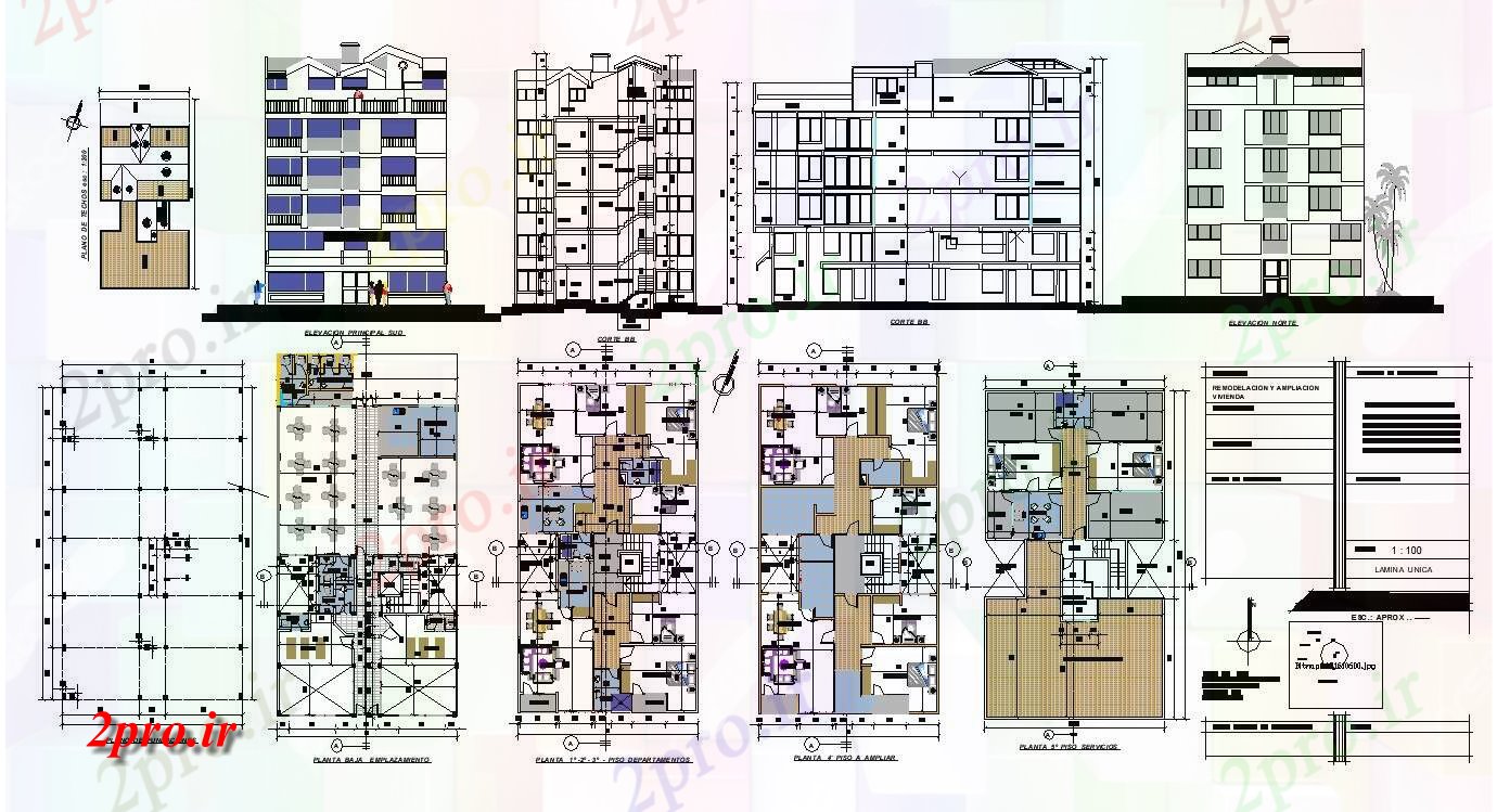 دانلود نقشه مسکونی  ، ویلایی ، آپارتمان  چند طبقه تخت مسکونی طرحی ساختمان نظر طرحی دو بعدی ، نما و جزئیات مقطعی (کد82637)