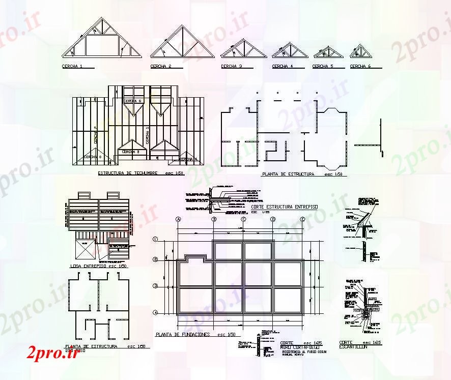 دانلود نقشه جزئیات ساخت و ساز انواع مختلف ساختار بام طرحی بلوک ساختاری (کد82644)