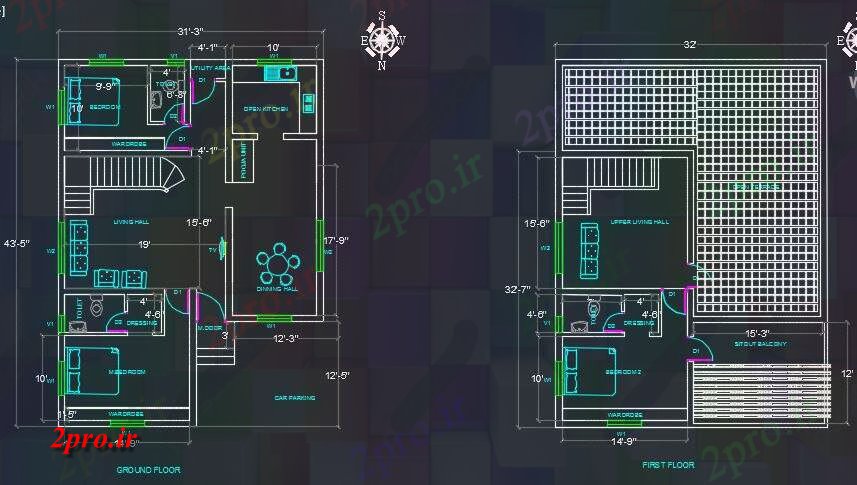 دانلود نقشه مسکونی ، ویلایی ، آپارتمان G + 1 بهینه فضای ساختمان مسکونی (3B2HK) 37 در 52 متر (کد82674)