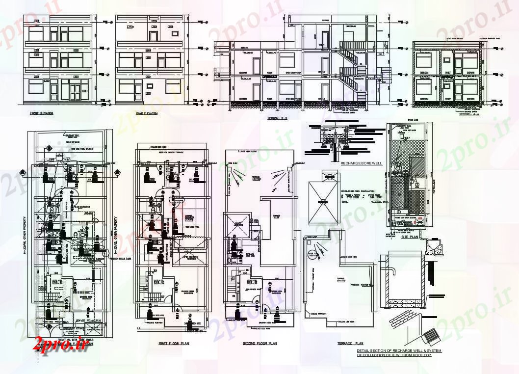 دانلود نقشه مسکونی ، ویلایی ، آپارتمان سه سطح نما خانه، بخش و طراحی های الکتریکی از همه طبقه 8 در 13 متر (کد82682)