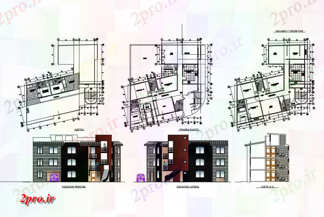 دانلود نقشه مسکونی  ، ویلایی ، آپارتمان  چند دان نما ساختمان های مسکونی، بخش و طرحی طبقه جزئیات (کد82686)