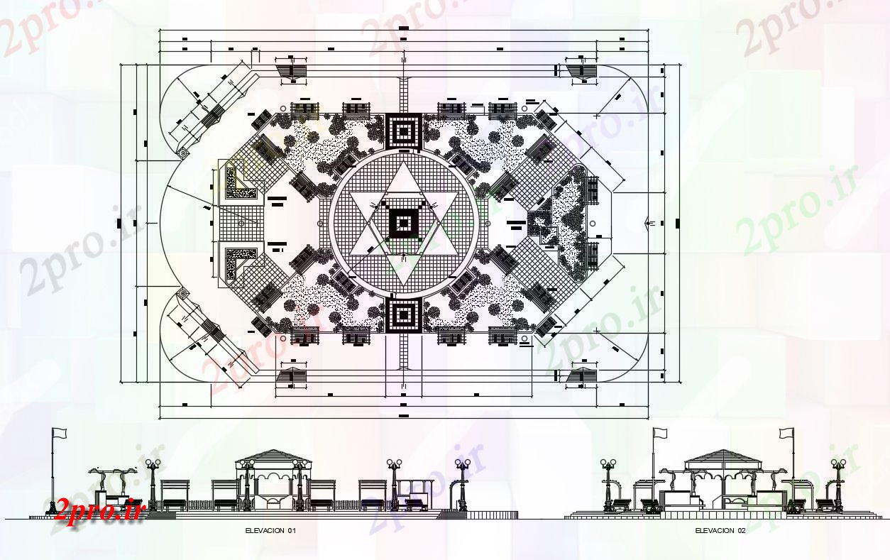 دانلود نقشه پارک - باغ عمومی پارک نما دروازه و ساختار محوطه سازی جزئیات 19 در 32 متر (کد82695)