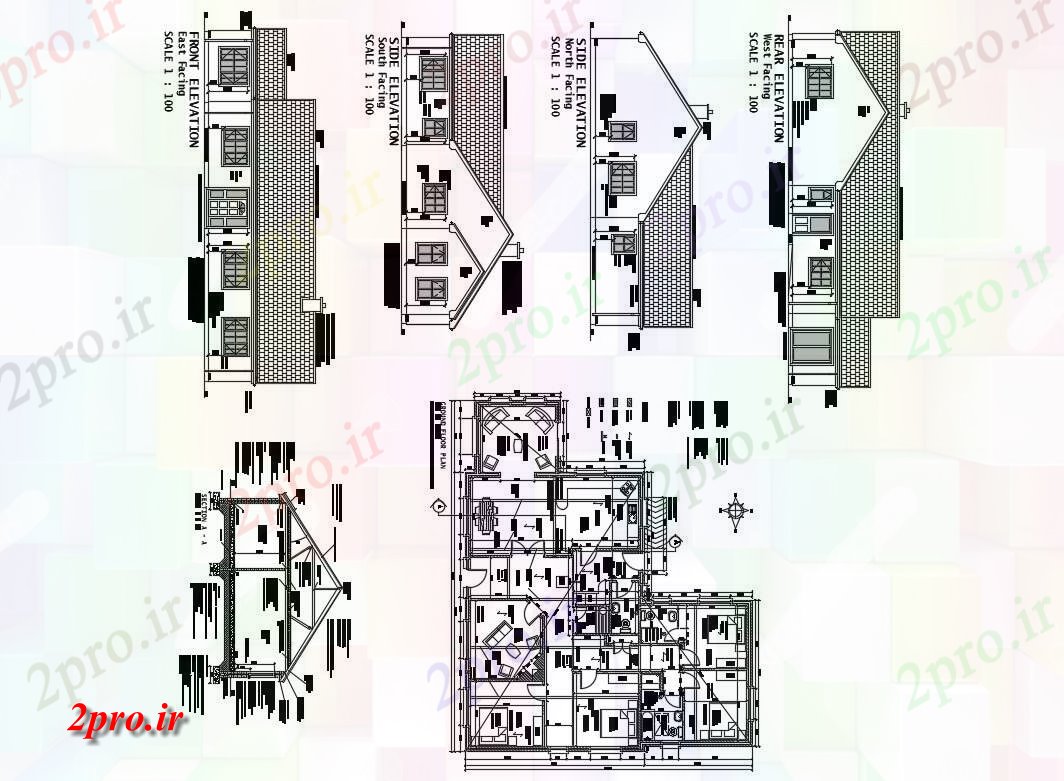 دانلود نقشه مسکونی ، ویلایی ، آپارتمان یکی از خانه خانواده تمام نما طرفه، بخش و طرحی جزئیات 15 در 18 متر (کد82697)