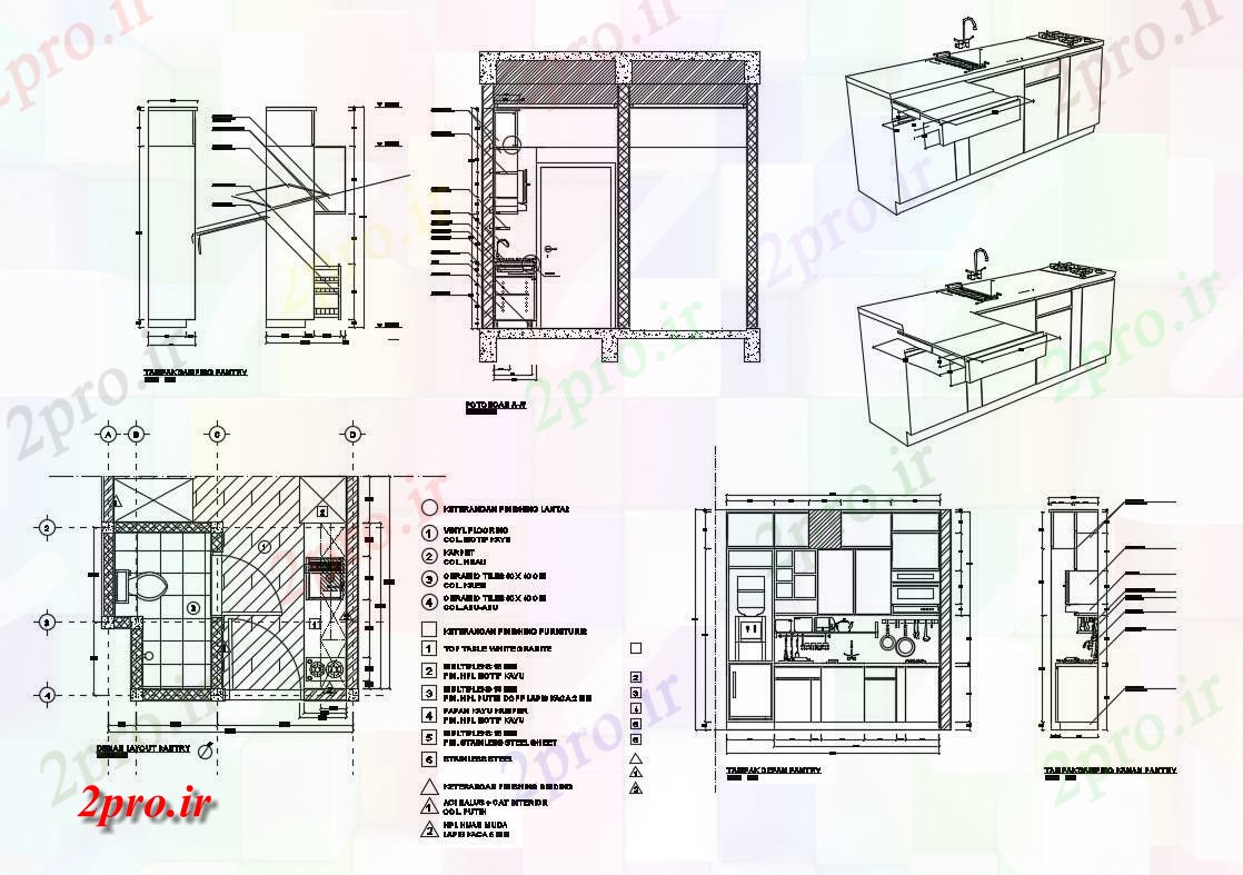 دانلود نقشه آشپزخانه بخش آشپزخانه و طرحی با نمای ایزومتریک و مبلمان و ضمیمه  توالت طراحی جزئیات  (کد82720)