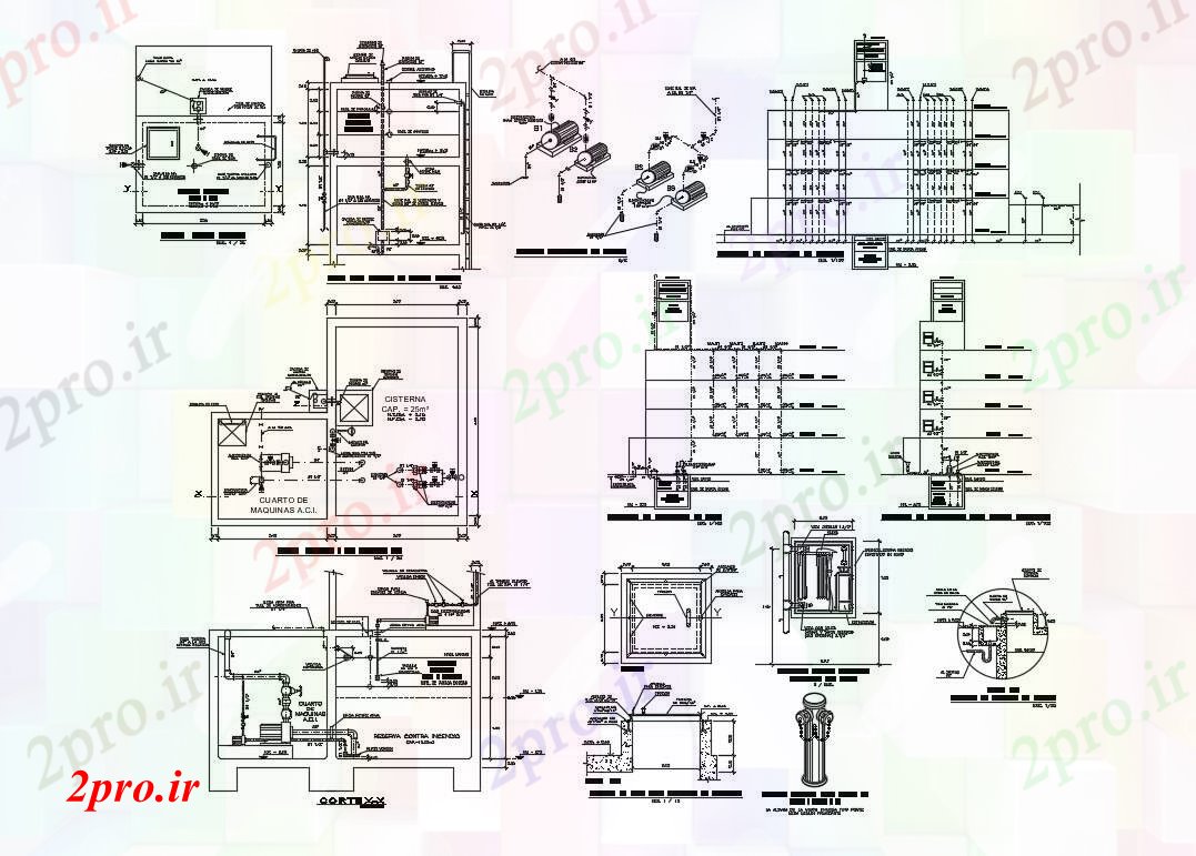 دانلود نقشه جزئیات ساختار بخش مخزن مخزن آب، نصب و راه اندازی، نمودار و ساختار لوله کشی  (کد82744)