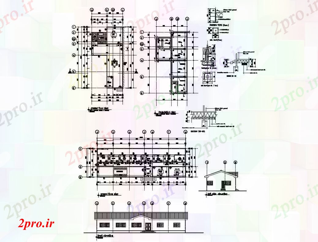 دانلود نقشه کلیسا - معبد - مکان مذهبی کلیسای نما اداری، بخش، طبقه همکف و طرحی پایه جزئیات (کد82749)