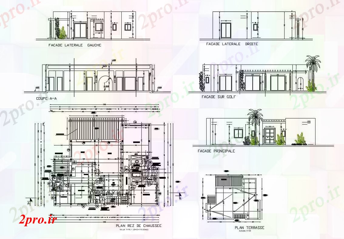 دانلود نقشه مسکونی ، ویلایی ، آپارتمان همه نما، بخش و طرحی جزئیات طرفه از نوع ویلا خانه 13 در 16 متر (کد82764)