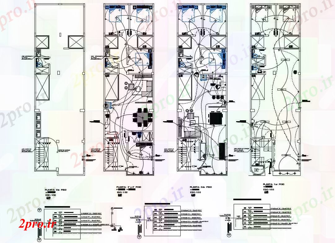 دانلود نقشه معماری برق جزئیات طراحی از تمام طبقات خانه چهار کفپوش ساخت (کد82799)
