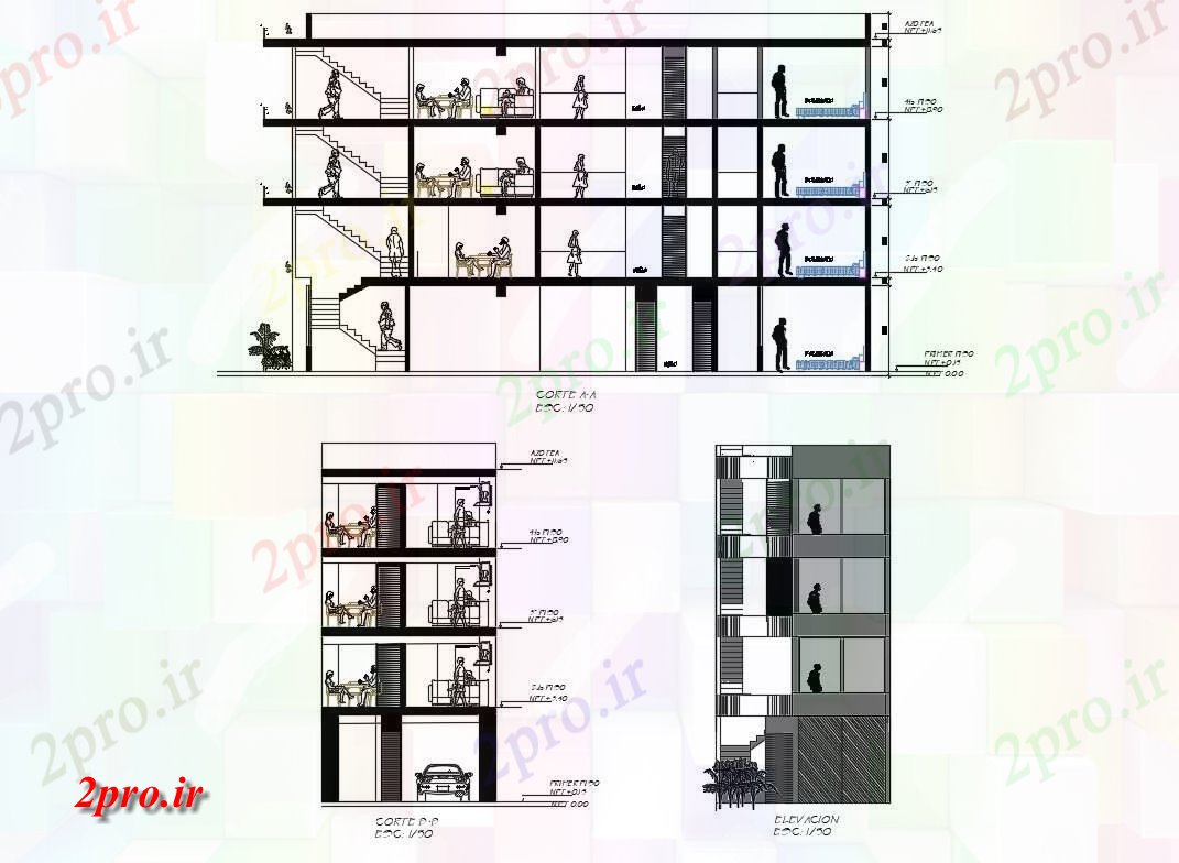 دانلود نقشه مسکونی  ، ویلایی ، آپارتمان  چهار خانه دان ساخت نما اصلی و جزئیات  مقطعی  (کد82805)