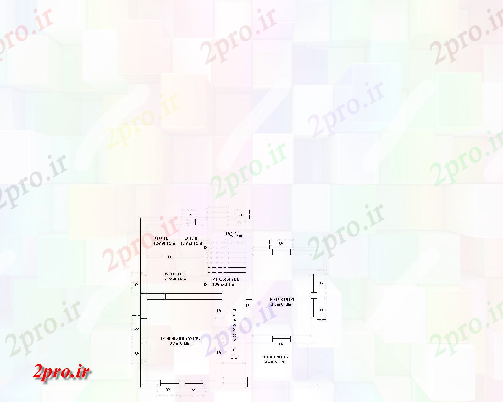 دانلود نقشه مسکونی ، ویلایی ، آپارتمان طرحی ساده از مجموعه 1 اتاق خواب 8 در 8 متر (کد82806)