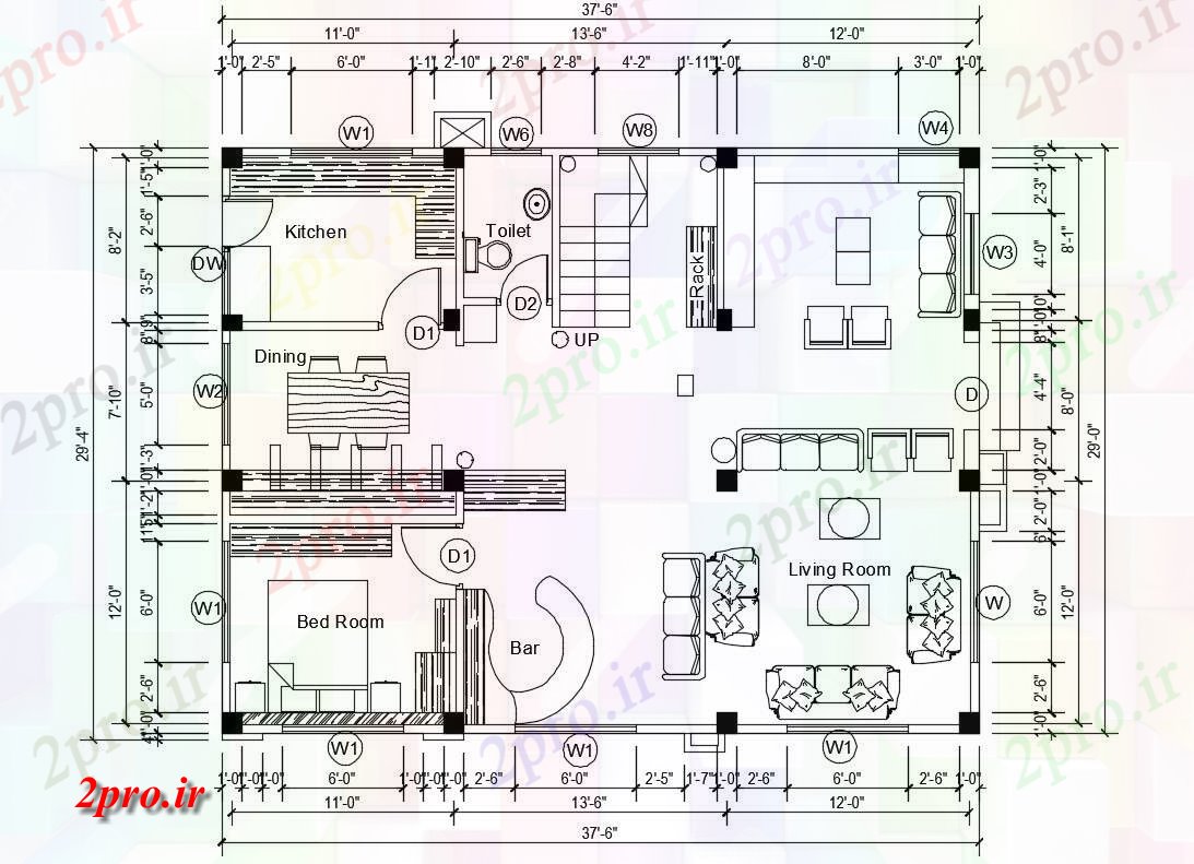 دانلود نقشه مسکونی ، ویلایی ، آپارتمان خانواده تنها طرحی خانه طرح 34 در 45 متر (کد82811)