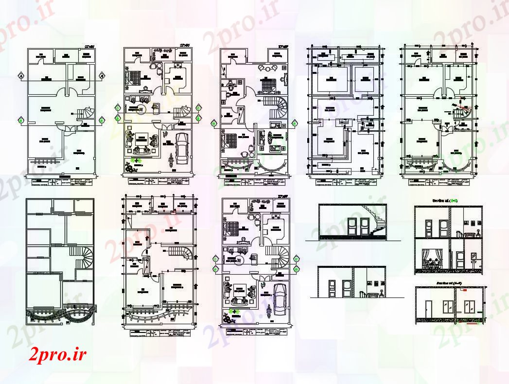 دانلود نقشه مسکونی ، ویلایی ، آپارتمان پنج کفپوش بخش خانه و طرحی طبقه جزئیات 32 در 60 متر (کد82819)