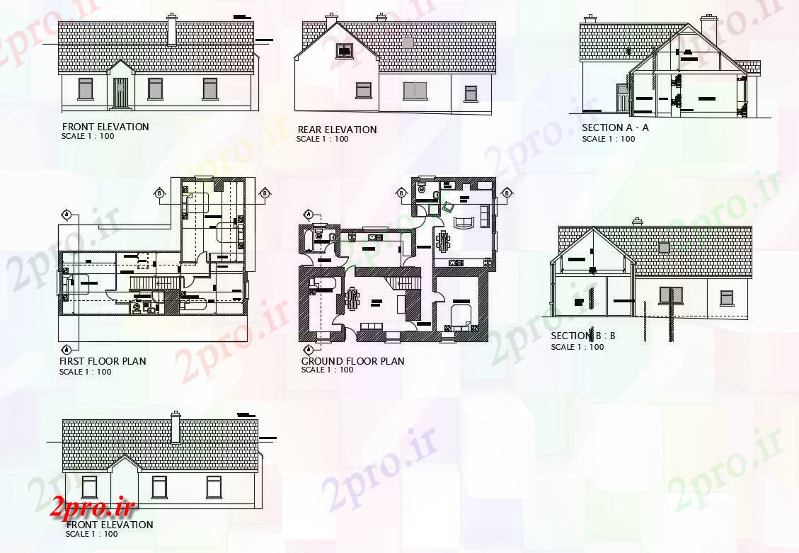 دانلود نقشه مسکونی ، ویلایی ، آپارتمان House تمام طرفه نما، بخش و زمین، و طرحی طبقه اول جزئیات 11 در 14 متر (کد82821)