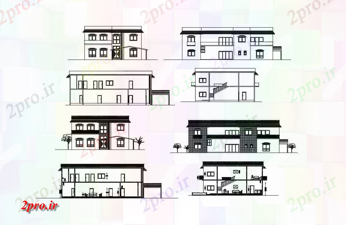 دانلود نقشه مسکونی ، ویلایی ، آپارتمان دو طبقه خانه همه بخش طرفه و نما جزئیات 63 در 106 متر (کد82845)