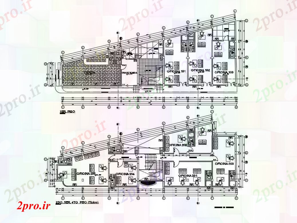 دانلود نقشه ساختمان اداری - تجاری - صنعتی جزئیات طرحی طبقه اول و دوم دفتر شرکت ساخت و ساز 12 در 31 متر (کد82908)