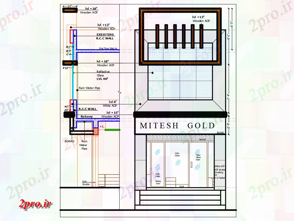 دانلود نقشه نمایشگاه ; فروشگاه - مرکز خرید Mitesh نما فروشگاه طلا و جواهر بیرونی و جزئیات داخلی  (کد82972)