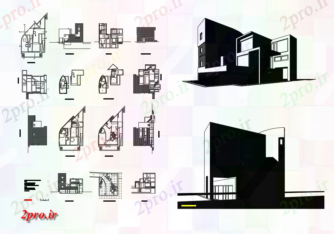 دانلود نقشه خانه های کوچک ، نگهبانی ، سازمانی - نما مدرن ویلا، نمای ایزومتریک، طرحی طبقه و خودکار جزئیات 9 در 14 متر (کد82980)