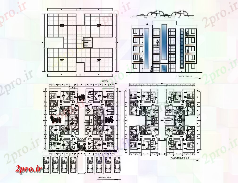 دانلود نقشه مسکونی  ، ویلایی ، آپارتمان  چند مسکن چهار سطح نما، بخش و طرحی طبقه جزئیات  (کد83029)