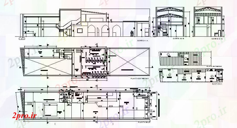 دانلود نقشه ساختمان دولتی ، سازمانی سالن فرهنگی با نما کلاس رقص، بخش و طرحی جزئیات 8 در 40 متر (کد83140)