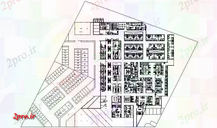 دانلود نقشه بیمارستان - درمانگاه - کلینیک چند متخصص رسم بیمارستان و طرحی توزیع 75 در 93 متر (کد83200)