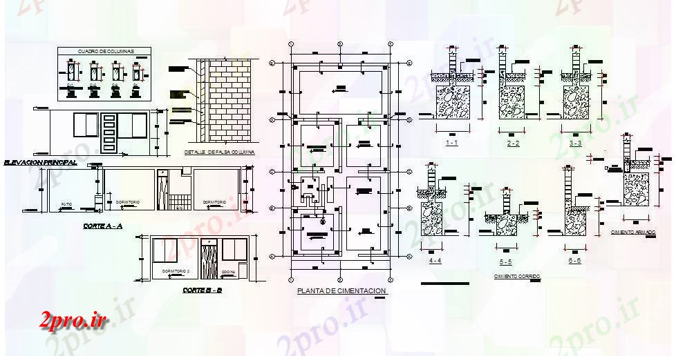 دانلود نقشه مسکونی ، ویلایی ، آپارتمان طرحی بنیاد، بخش و سازنده جزئیات با ستون از خانه 6 در 8 متر (کد83204)