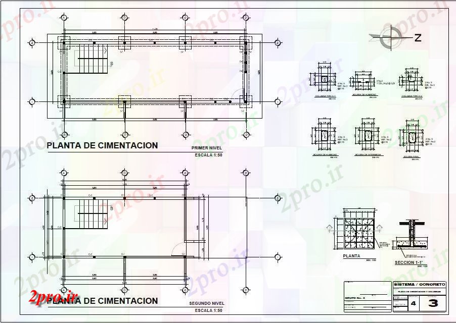 دانلود نقشه جزئیات ساخت و ساز طرحی بنیاد از هر دو طبقه از خانه (کد83269)