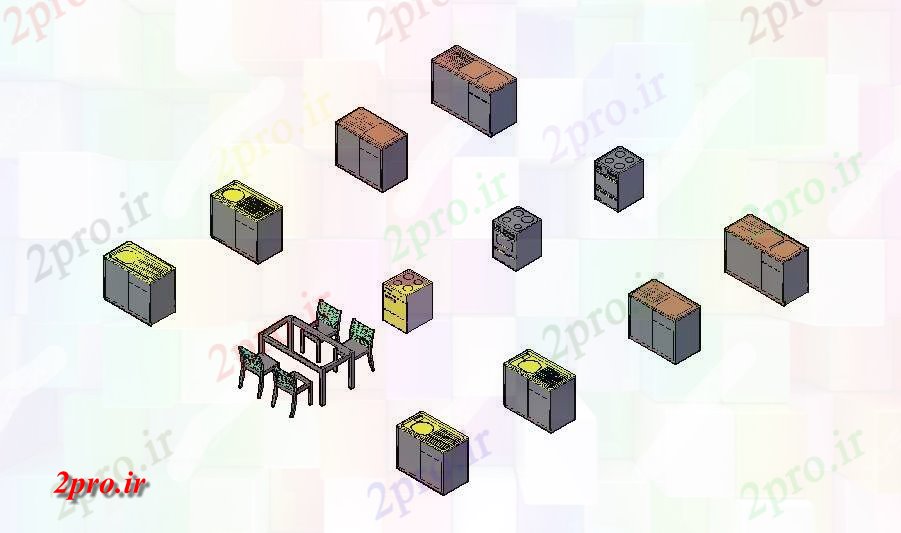 دانلود نقشه بلوک مبلمان اجاق گاز های متعدد، ناهارخوری میز و مبلمان آشپزخانه  بلوک های تریدی طراحی جزئیات  (کد83312)
