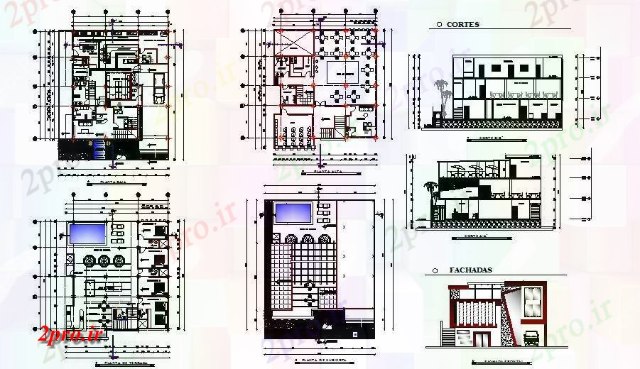 دانلود نقشه هتل - رستوران - اقامتگاه هتل ساخت نما، بخش و طرحی طبقه جزئیات 15 در 20 متر (کد83341)