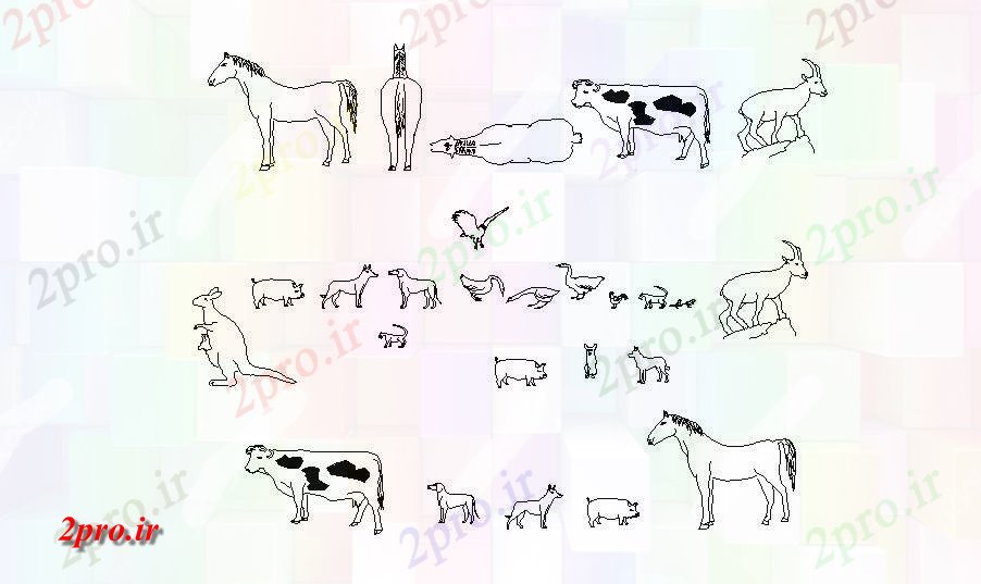 دانلود نقشه بلوک حیوانات حیوانات بلوک نما چند  (کد83456)