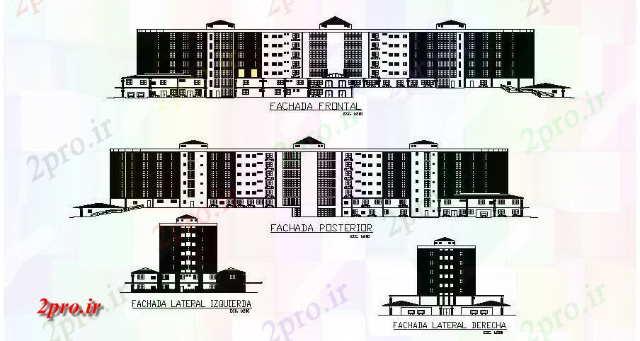 دانلود نقشه بیمارستان -  درمانگاه -  کلینیک چند دان شفاخانه ملکی همه  نما طرفه طراحی جزئیات  (کد83477)