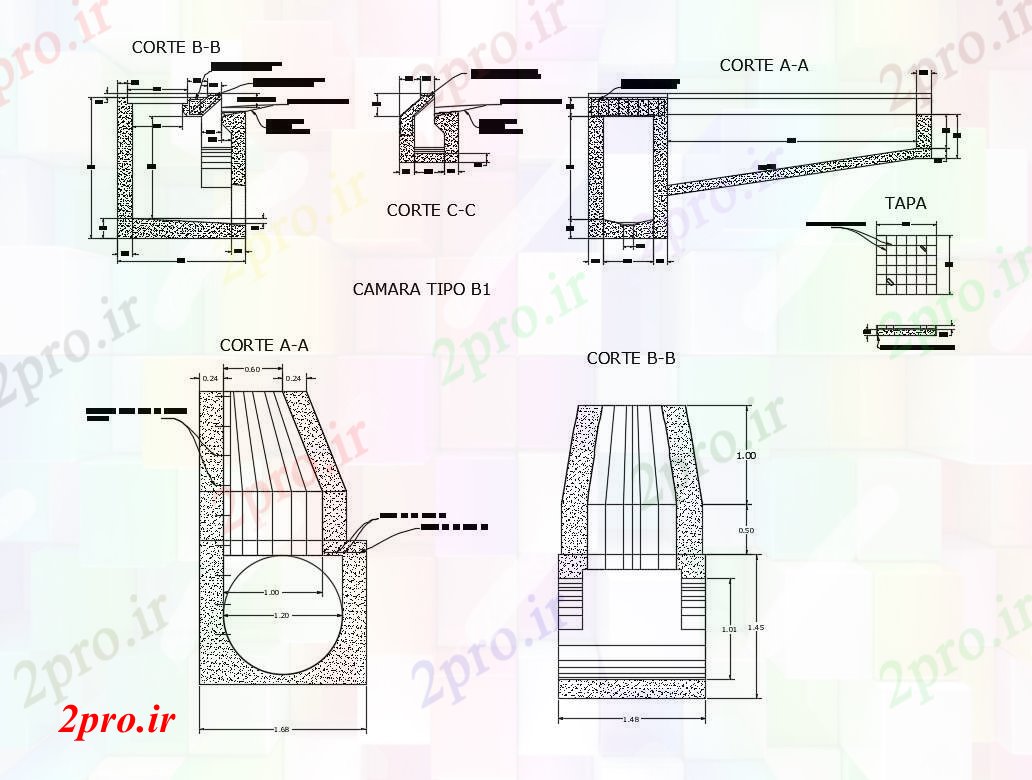 دانلود نقشه جزئیات ساختار ساختار برش غرق می شود و دوربین های  جزئیات (کد83558)