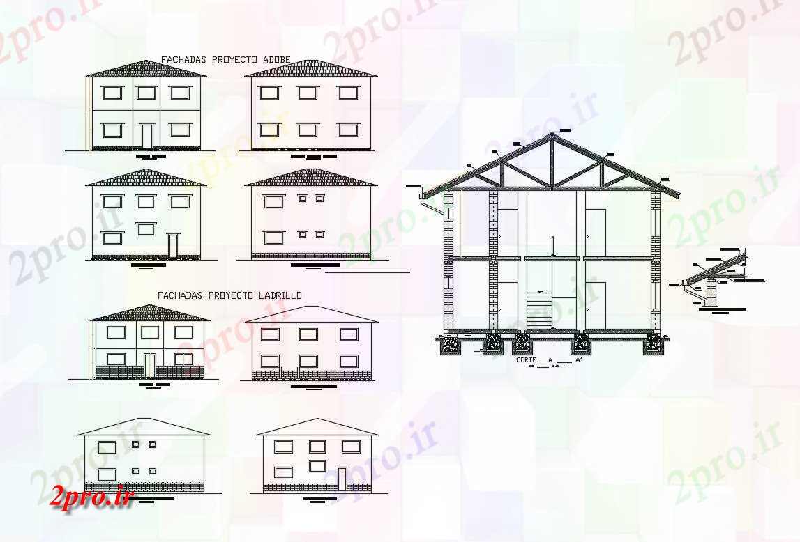 دانلود نقشه مسکونی ، ویلایی ، آپارتمان دو طبقه نما خانه و بخش جزئیات 19 در 21 متر (کد83584)